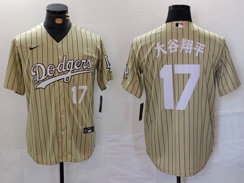 Men Los Angeles Dodgers 17 Ohtani Green Stripe Fashion Nike Game MLB Jersey style 7064